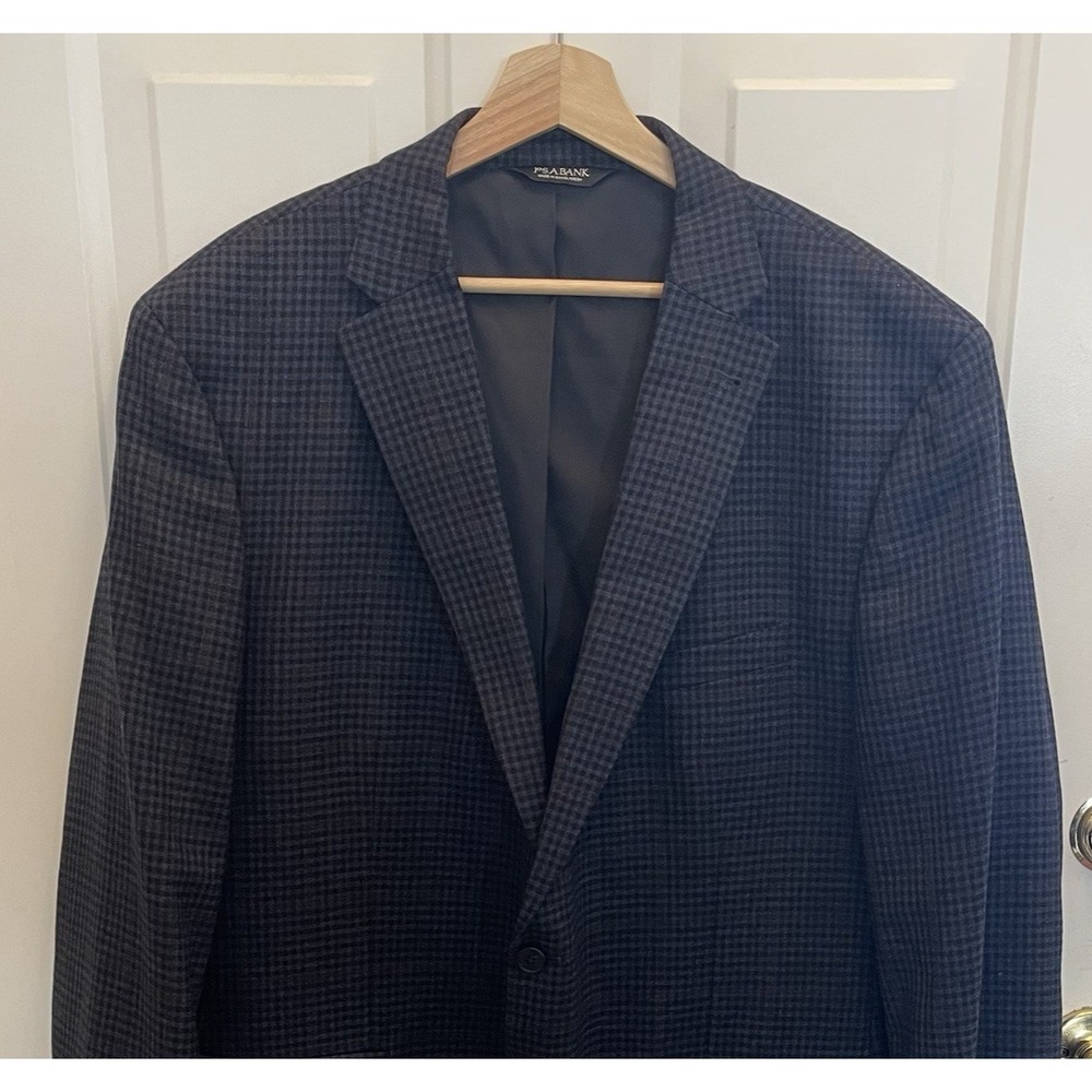 Jos A Bank Traveler Navy Houndstooth Plaid 50L Wool Dual Vent Blazer Sport Coat